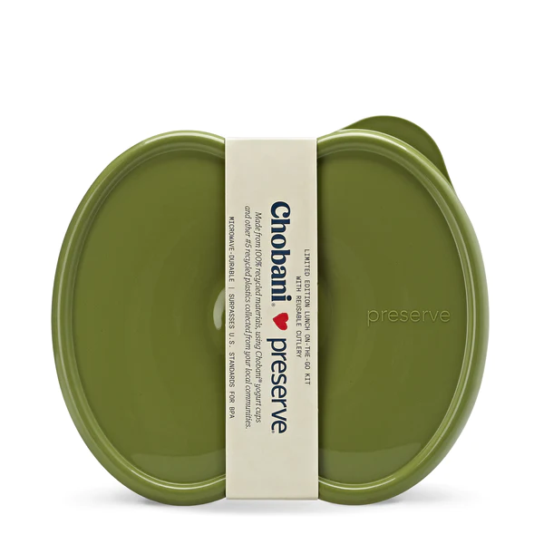 Image of a limited edition lunch kit made from 100% recycled #5 plastic in partnership with Chobani. Features a Preserve Sandwich Food Storage container and a snap-together reusable cutlery set. Includes a 25 oz. capacity food storage container with snap-on lid and a set of reusable snap-together cutlery. Ideal for sandwiches, leftovers, salads, and more. Complies with U.S. standards for BPA.