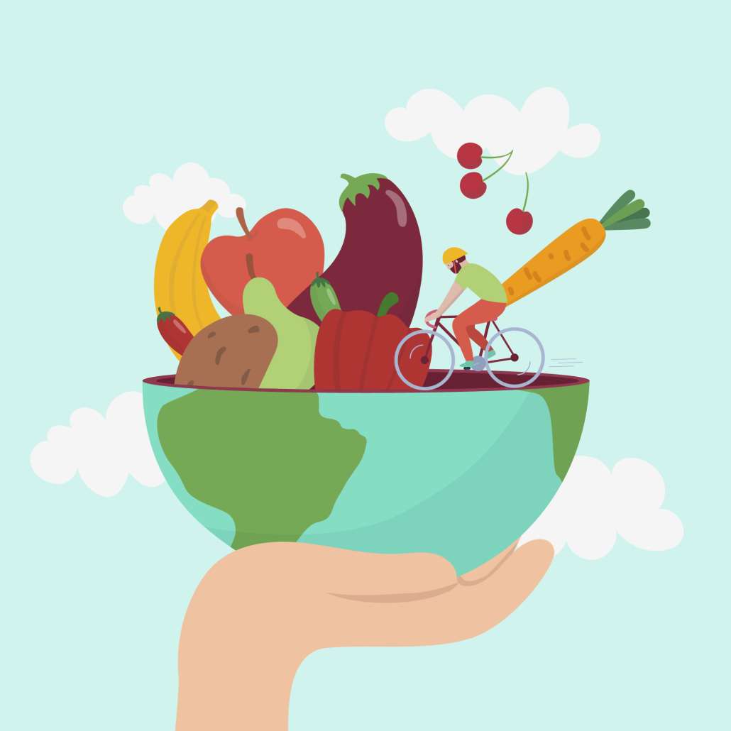 Hand-drawn illustration of World Health Day with a hand holding up an Earth bowl filled with vegetables and fruits, and a person riding a bicycle, with clouds in the background.