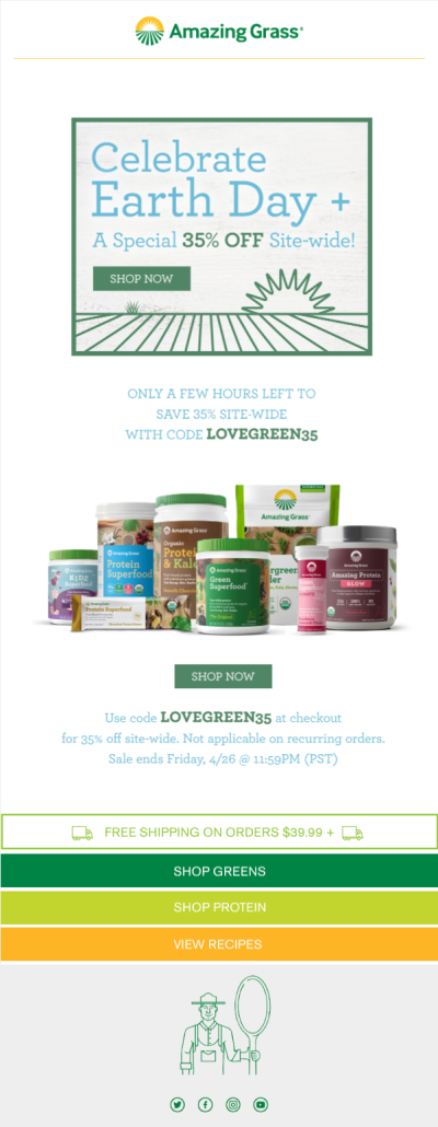 Image of an email newsletter from Amazing Grass celebrating Earth Day and offering a special 35% off site-wide discount. Includes text encouraging viewers to shop greens, protein, and view recipes.