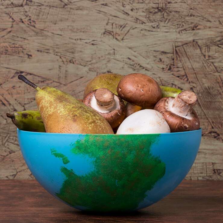 Pears and mushrooms arranged in an Earth-shaped bowl.