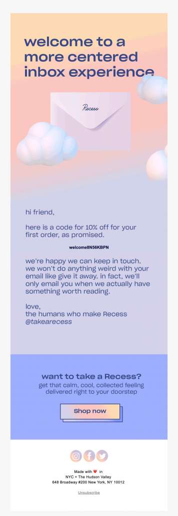 Recess 10% off your first order email