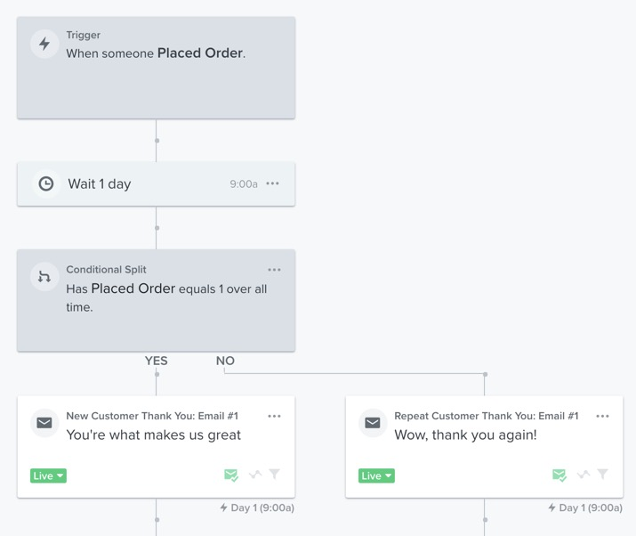 Klaviyo flow showing your customers journey, whether they are new or returning